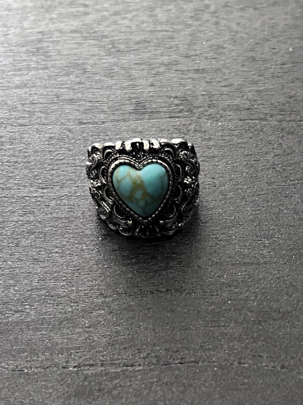 Turquoise Heart Filigree Statement Ring Size 8- Women's Jewelry